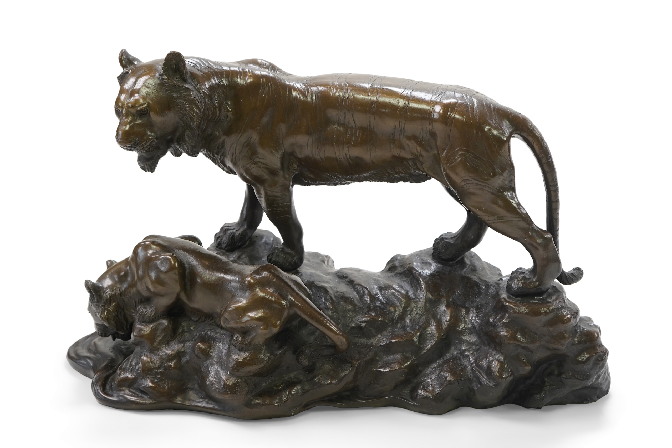 CHANGE TO DESCRIPTION- After Genryusai Seiya, a large patinated bronze group of two tigers on a riverbank
